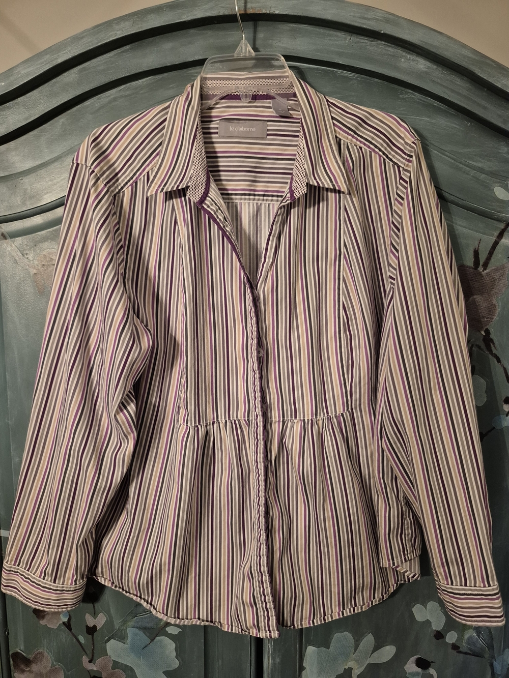 Vintage Liz Claiborne Purple and White Striped Button-Front Peplum Shirt